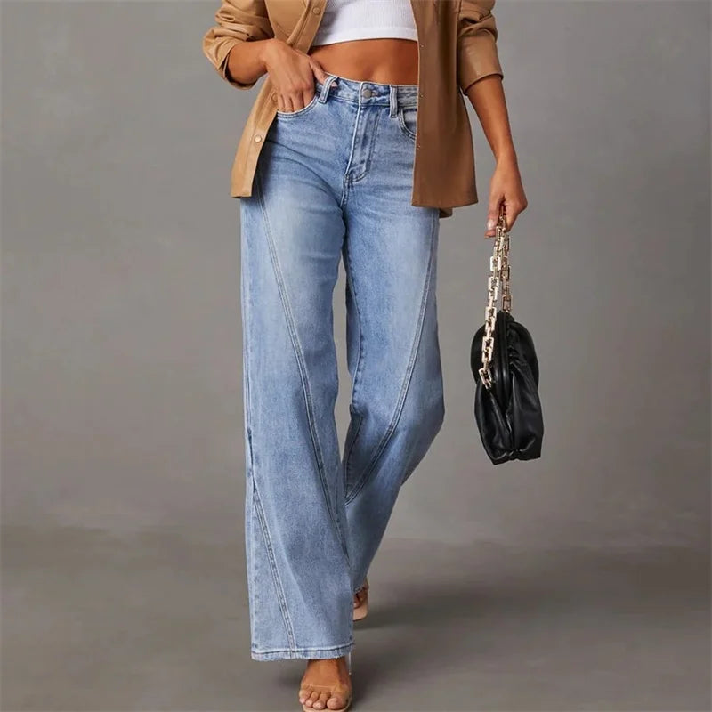 Dames Wijde Jeans met Hoge Taille en Naaddetail