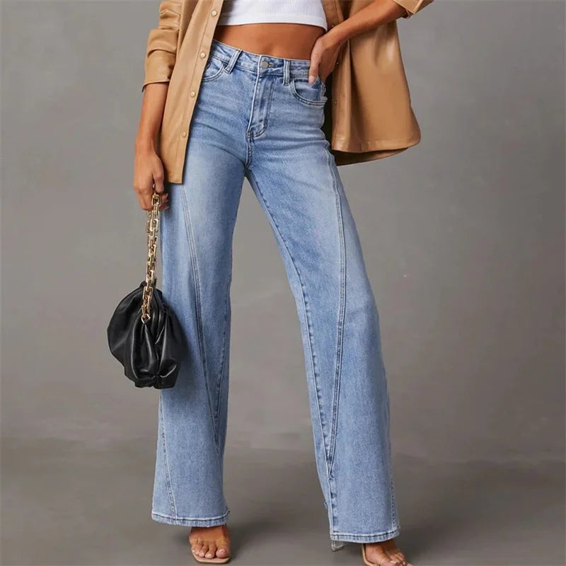 Dames Wijde Jeans met Hoge Taille en Naaddetail Lichtblauw