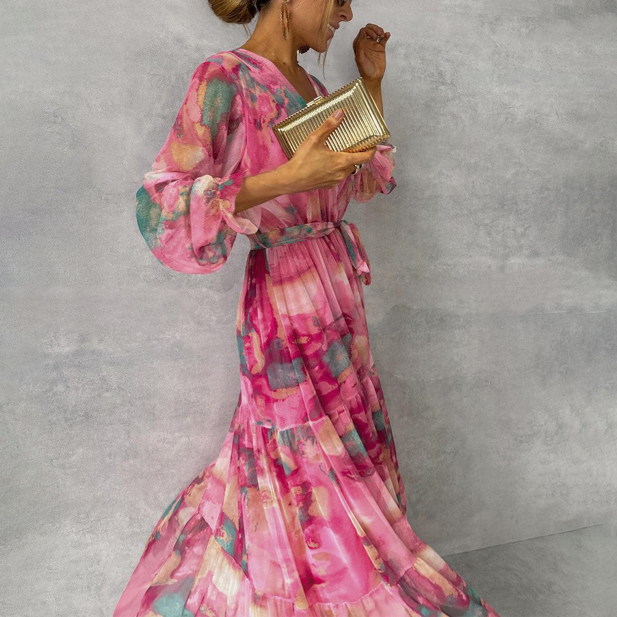 Dames Wikkeljurk met Bloemenprint en Lange Mouwen Roze