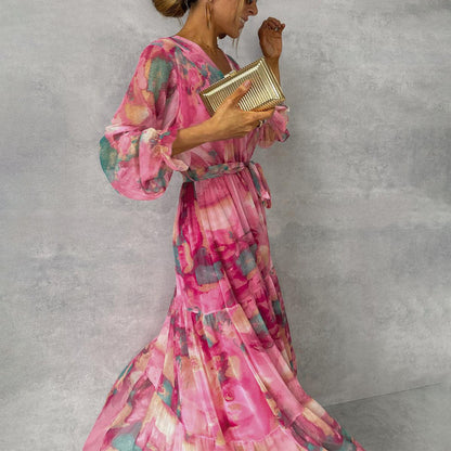 Dames Wikkeljurk met Bloemenprint en Lange Mouwen Roze