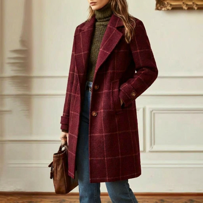 Dames Winterjas met Ruiteprint, Revers Kraag en Knoopsluiting