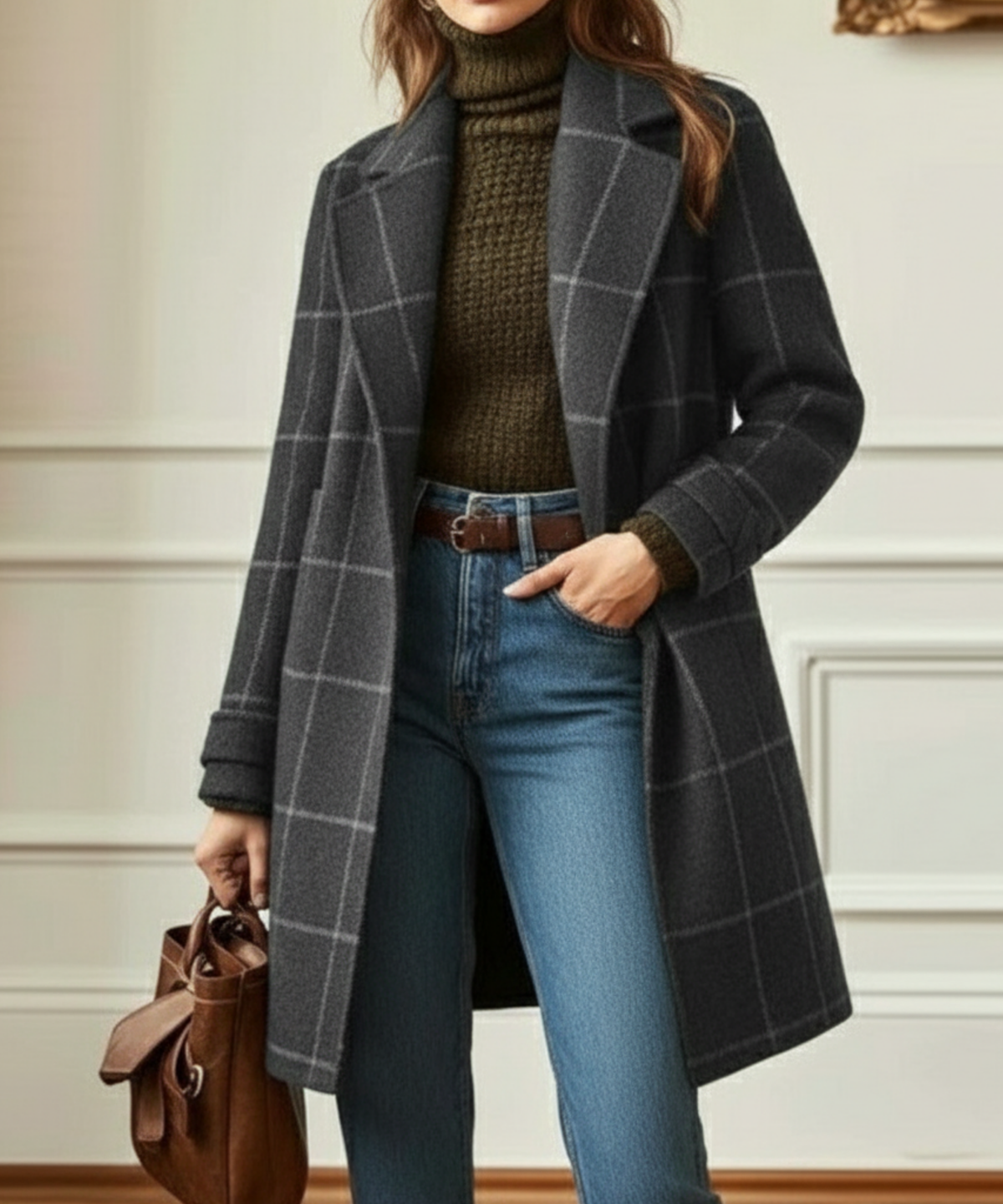 Dames Winterjas met Ruiteprint, Revers Kraag en Knoopsluiting