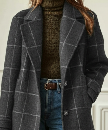 Dames Winterjas met Ruiteprint, Revers Kraag en Knoopsluiting
