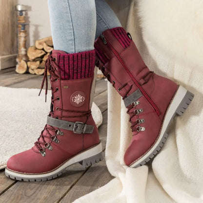 Dames Winterlaarzen met Vetersluiting en Gebreide Boord Rood