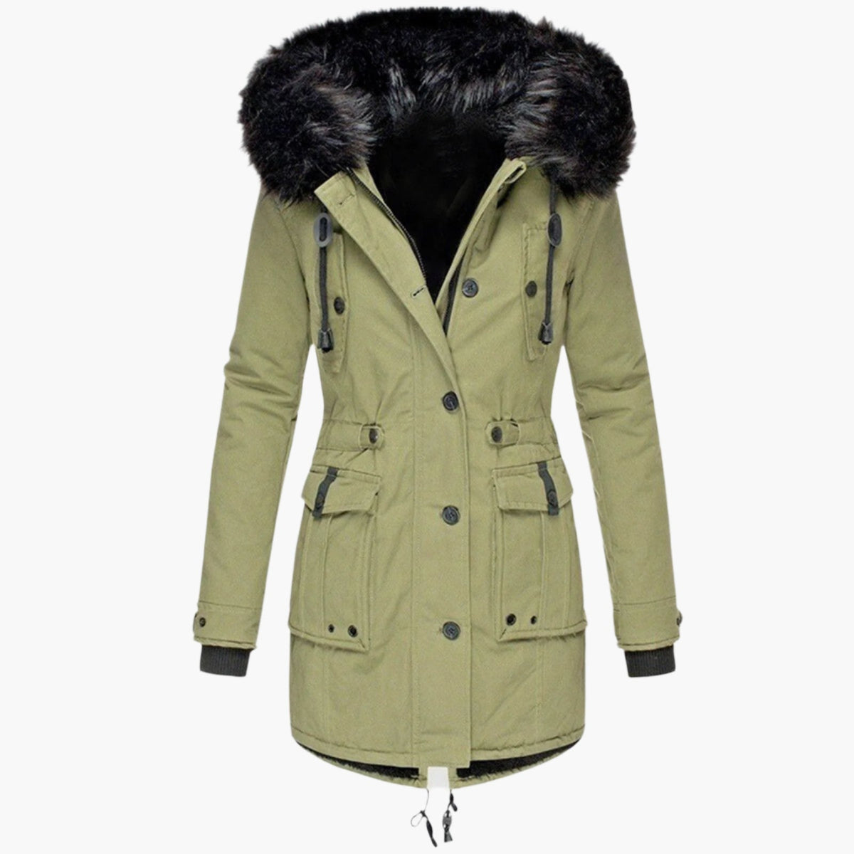 Dames Winterparka met Capuchon en Nepbont Kraag, Verstelbare Taille
