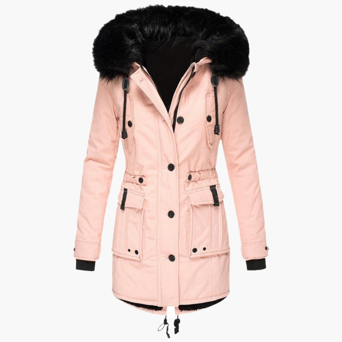 Dames Winterparka met Capuchon en Nepbont Kraag, Verstelbare Taille