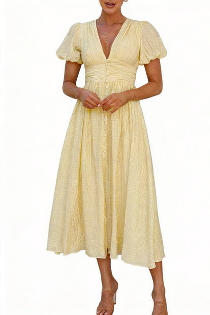 Dames Zomer Midijurk met V-hals Pofmouwen en Knoopsluiting