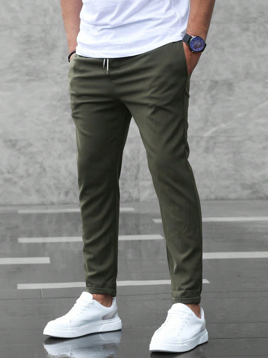 Heren Broek met Elastische Taille en Trekkoord Slim Fit Legergroen