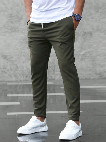 Heren Broek met Elastische Taille en Trekkoord Slim Fit Legergroen