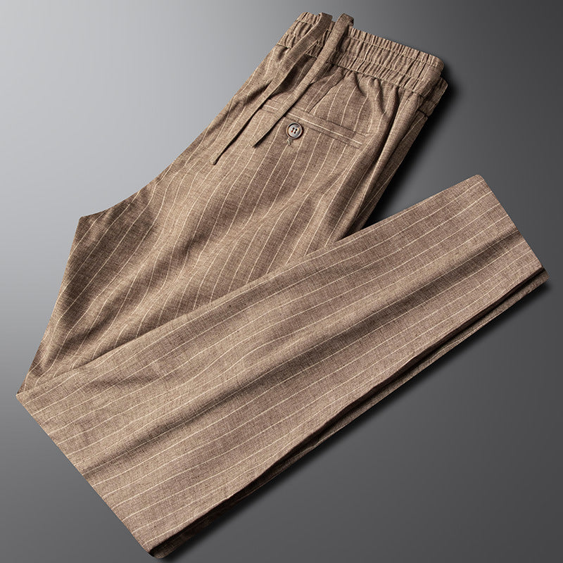Heren Broek met Verticale Strepen, Elastische Taille en Trekkoord Camel