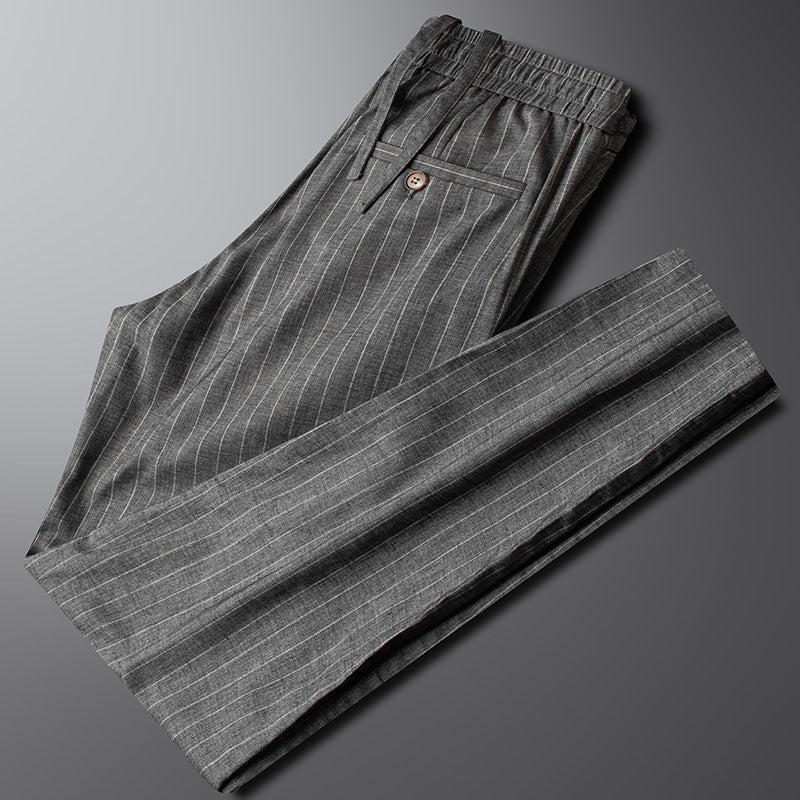Heren Broek met Verticale Strepen, Elastische Taille en Trekkoord Grijs