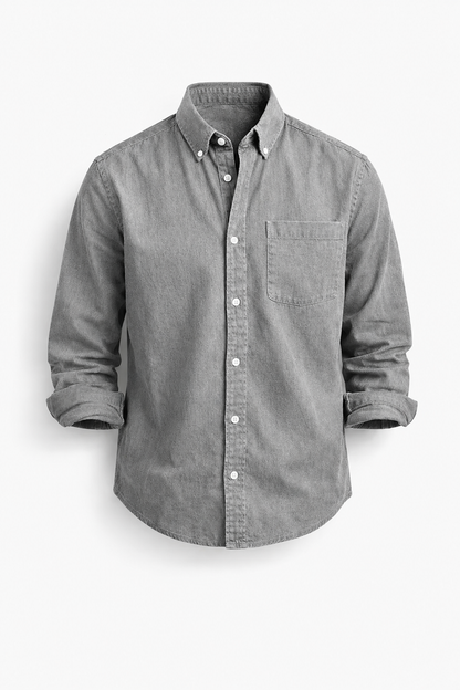 Heren Casual Overhemd met Button-down Kraag en Enkele Borstzak Grijs