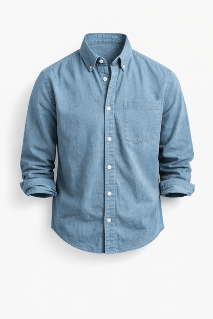 Heren Casual Overhemd met Button-down Kraag en Enkele Borstzak Lichtblauw