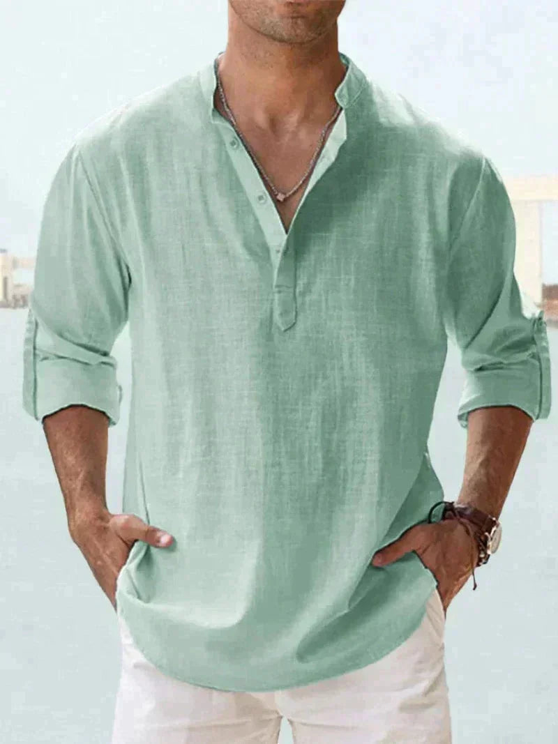 Heren Casual Shirt Lange Mouw met V-hals en Knoopsluiting