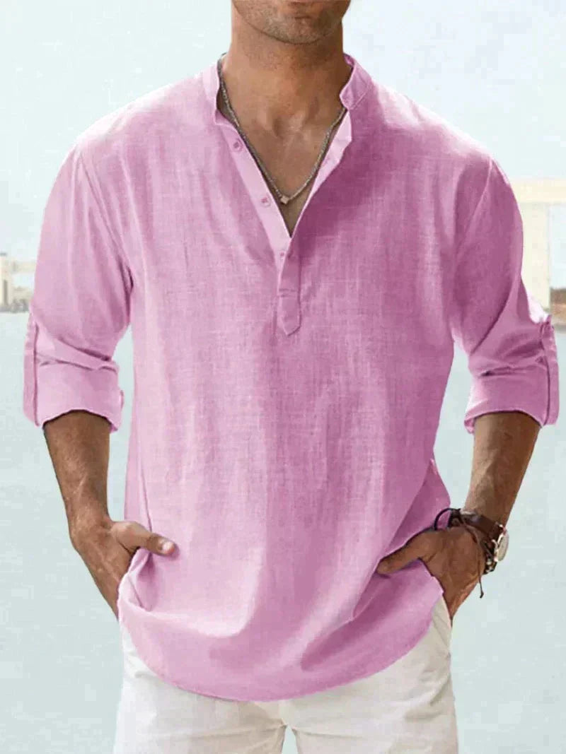 Heren Casual Shirt Lange Mouw met V-hals en Knoopsluiting