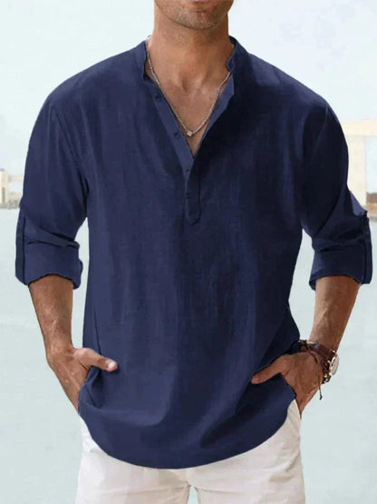 Heren Casual Shirt Lange Mouw met V-hals en Knoopsluiting