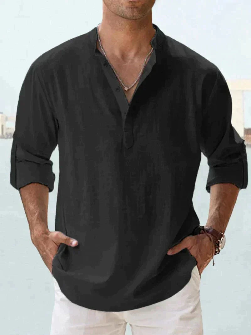 Heren Casual Shirt Lange Mouw met V-hals en Knoopsluiting