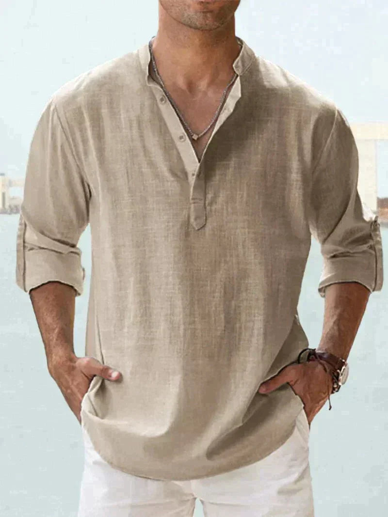 Heren Casual Shirt Lange Mouw met V-hals en Knoopsluiting