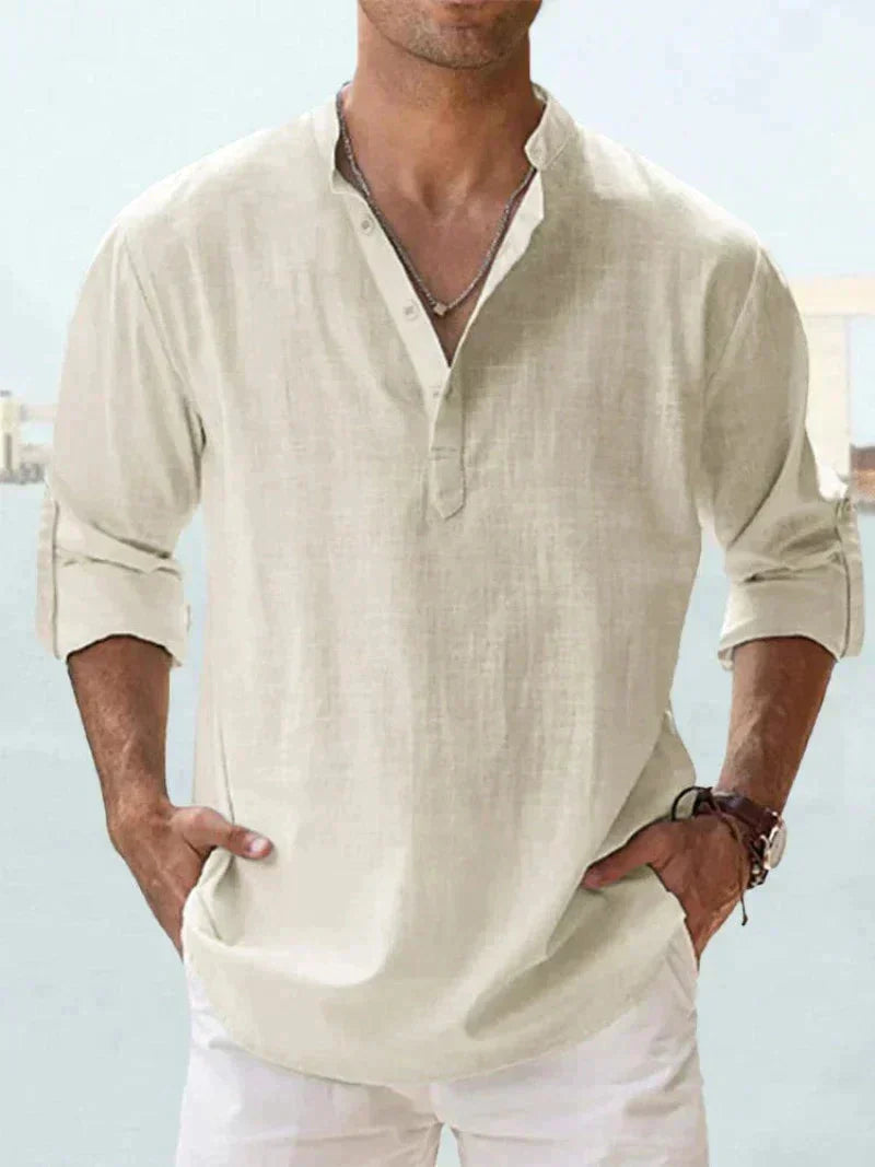 Heren Casual Shirt Lange Mouw met V-hals en Knoopsluiting