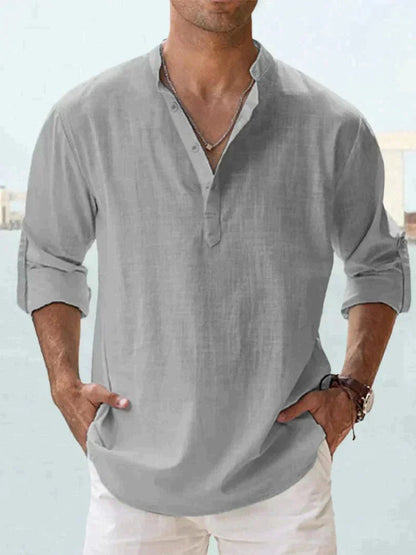 Heren Casual Shirt Lange Mouw met V-hals en Knoopsluiting