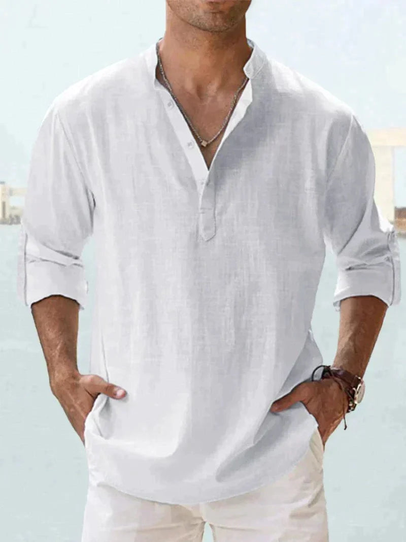 Heren Casual Shirt Lange Mouw met V-hals en Knoopsluiting