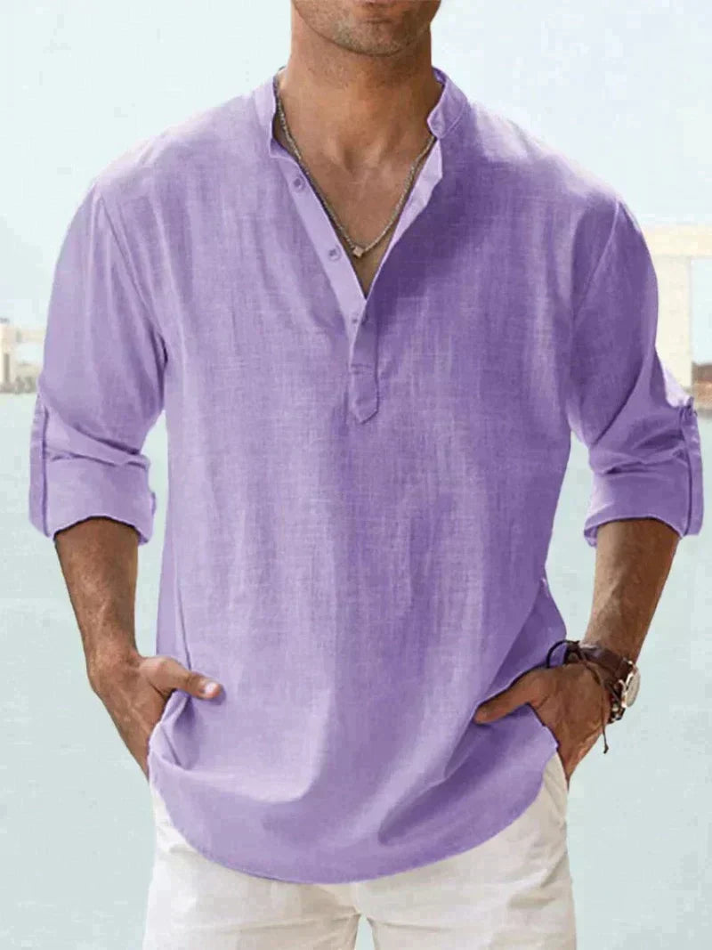 Heren Casual Shirt Lange Mouw met V-hals en Knoopsluiting
