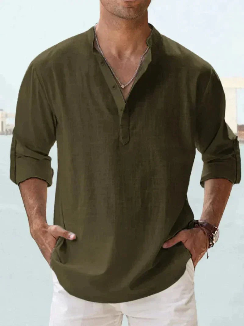 Heren Casual Shirt Lange Mouw met V-hals en Knoopsluiting