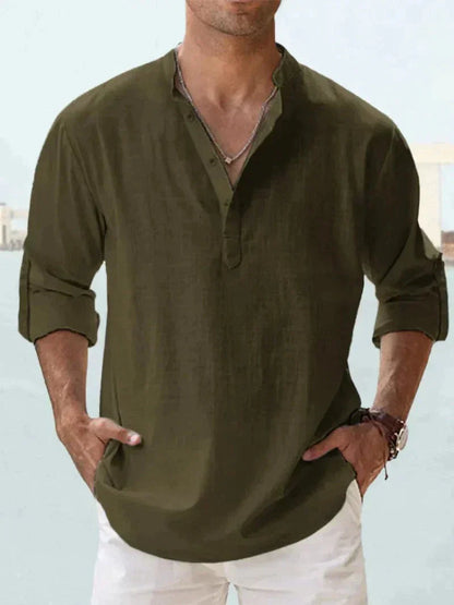 Heren Casual Shirt Lange Mouw met V-hals en Knoopsluiting