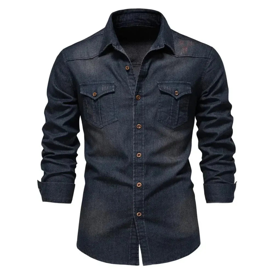 Heren Denim Overhemd met Lange Mouwen en Knoopsluiting Donkerblauw