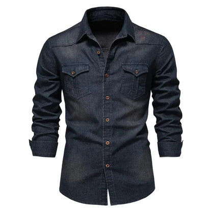 Heren Denim Overhemd met Lange Mouwen en Knoopsluiting Donkerblauw
