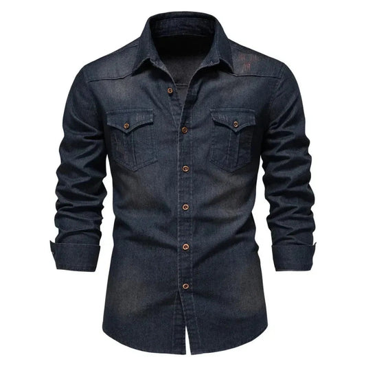 Heren Denim Overhemd met Lange Mouwen en Knoopsluiting Donkerblauw