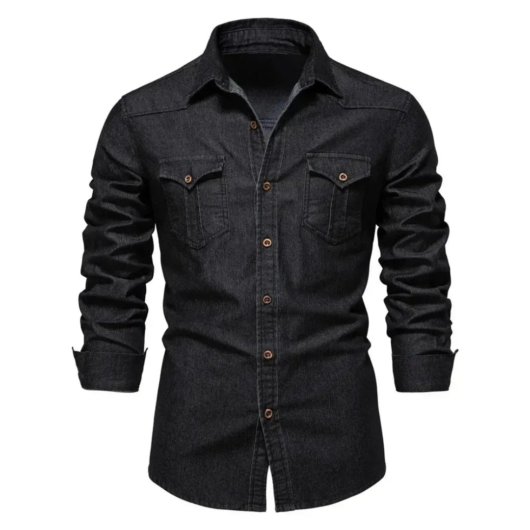 Heren Denim Overhemd met Lange Mouwen en Knoopsluiting Zwart