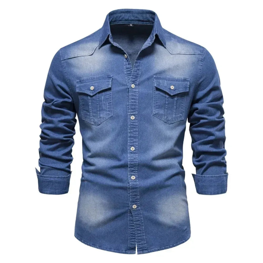 Heren Denim Overhemd met Lange Mouwen en Knoopsluiting Blauw