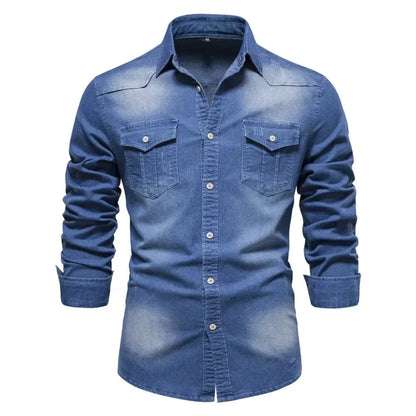 Heren Denim Overhemd met Lange Mouwen en Knoopsluiting Blauw
