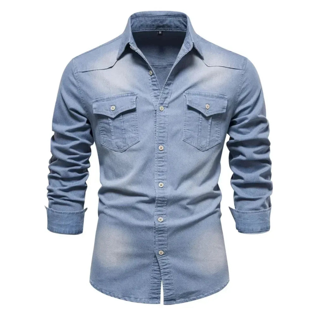 Heren Denim Overhemd met Lange Mouwen en Knoopsluiting Lichtblauw