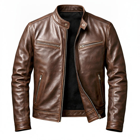 Heren Faux Leather Biker Jacket met Staande Kraag en Ritssluiting