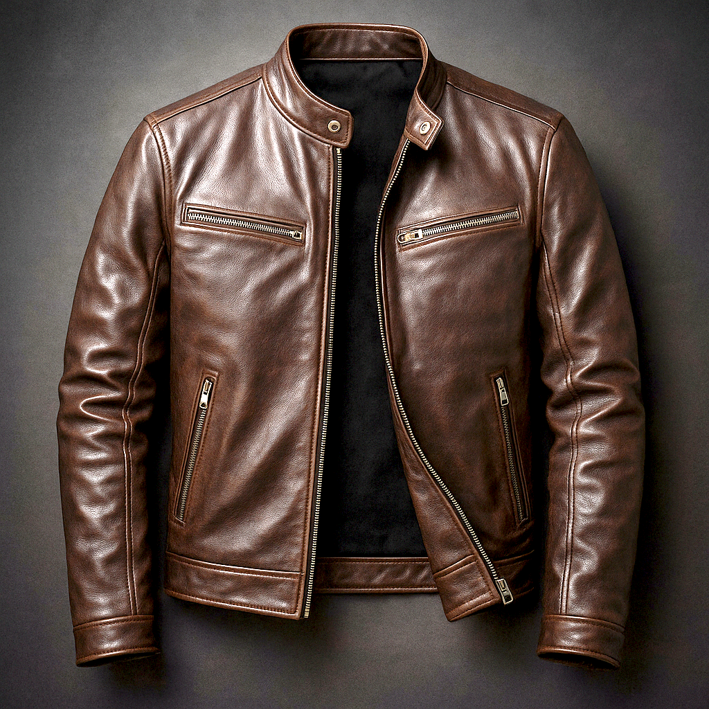 Heren Faux Leather Biker Jacket met Staande Kraag en Ritssluiting