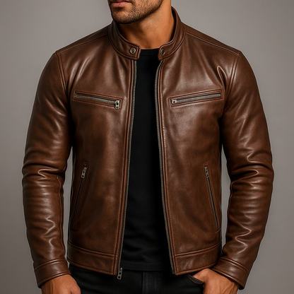 Heren Faux Leather Biker Jacket met Staande Kraag en Ritssluiting