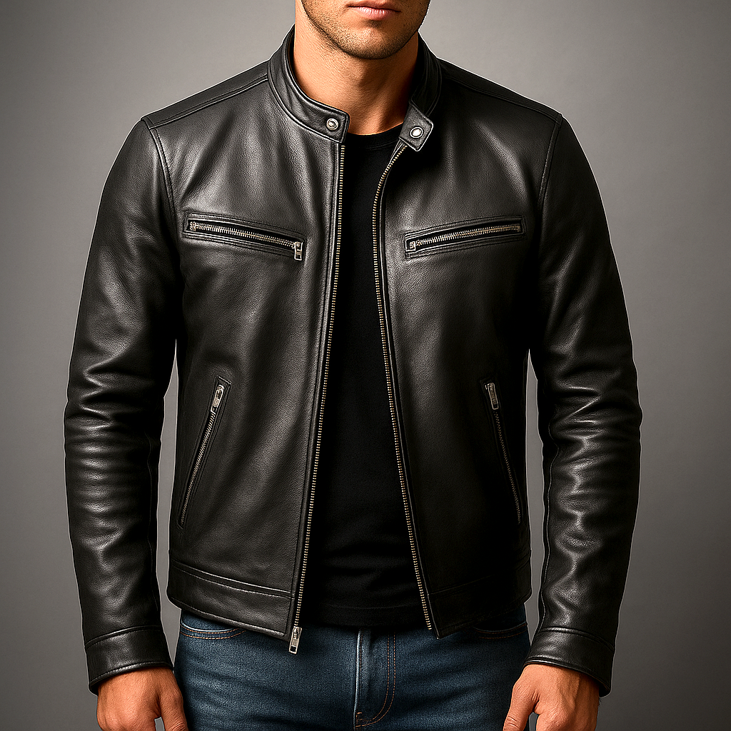Heren Faux Leather Biker Jacket met Staande Kraag en Ritssluiting