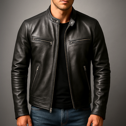 Heren Faux Leather Biker Jacket met Staande Kraag en Ritssluiting