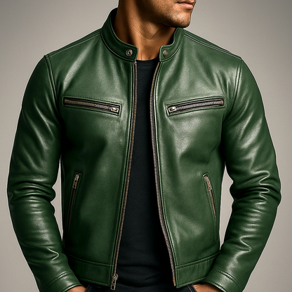 Heren Faux Leather Biker Jacket met Staande Kraag en Ritssluiting