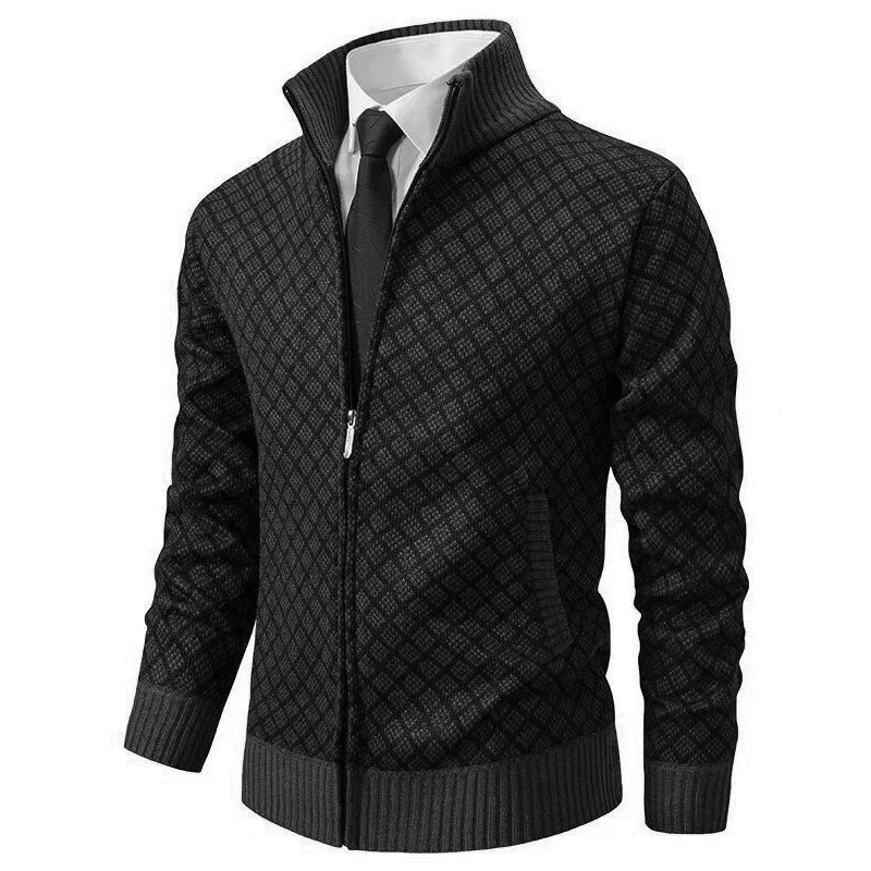 Heren Gebreid Vest met Rits en Geruit Patroon Zwart