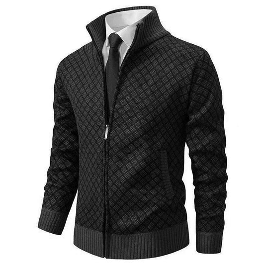 Heren Gebreid Vest met Rits en Geruit Patroon Zwart