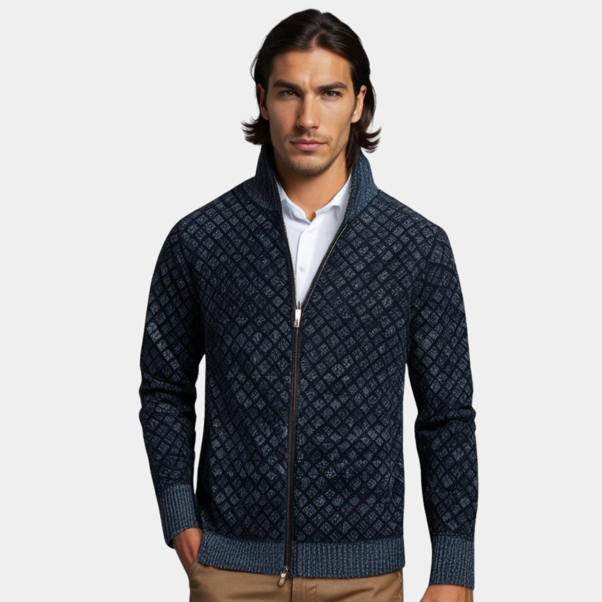 Heren Gebreid Vest met Rits en Geruit Patroon