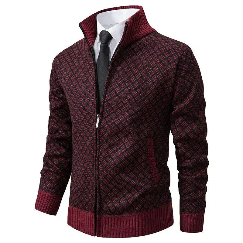 Heren Gebreid Vest met Rits en Geruit Patroon Rood