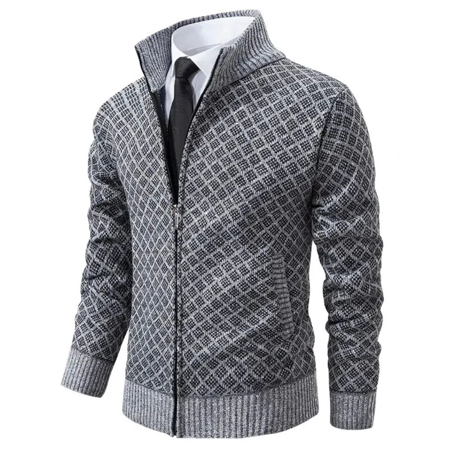 Heren Gebreid Vest met Rits en Geruit Patroon Grijs