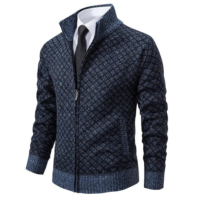 Heren Gebreid Vest met Rits en Geruit Patroon Blauw