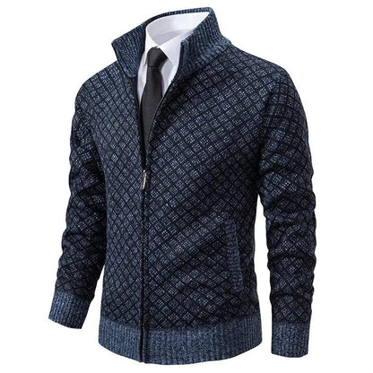 Heren Gebreid Vest met Rits en Geruit Patroon Blauw