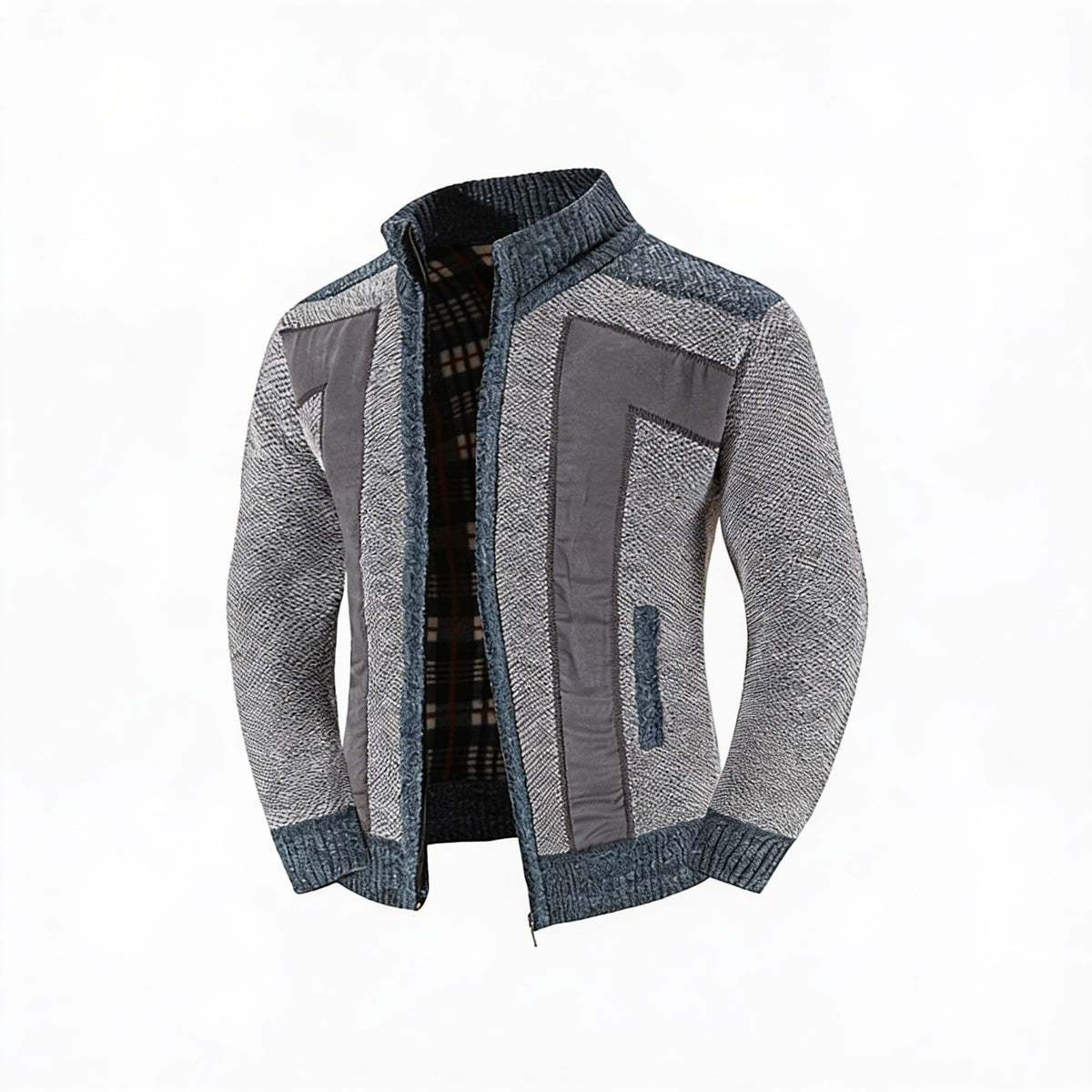 Heren Gebreid Vest met Rits en Patchwork Detail