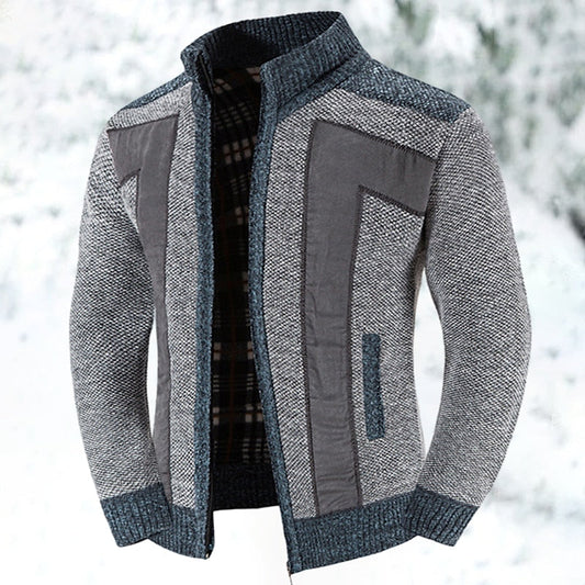 Heren Gebreid Vest met Rits en Patchwork Detail Lichtgrijs